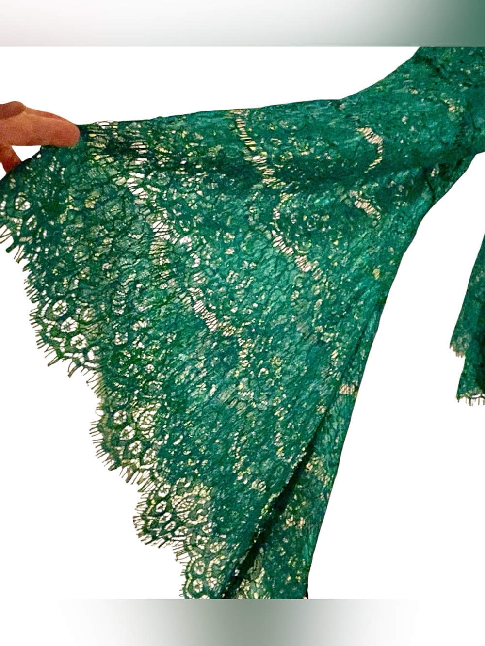 VENUS Emerald Green Floral Lace Top Mock Neck Bell Sleeve Blouse - Picture 2 of 9